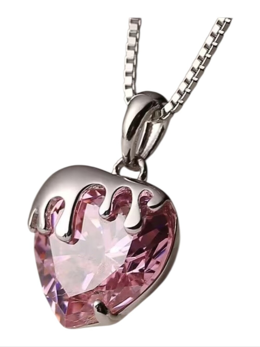 New Stainless Ssteel Hear Pendant Necklace  In Pink Cubic Zirconia